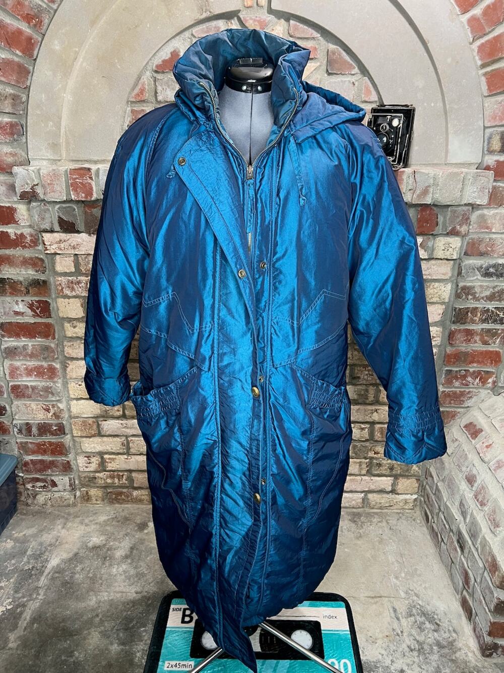down puffer cocoon coat blue hood